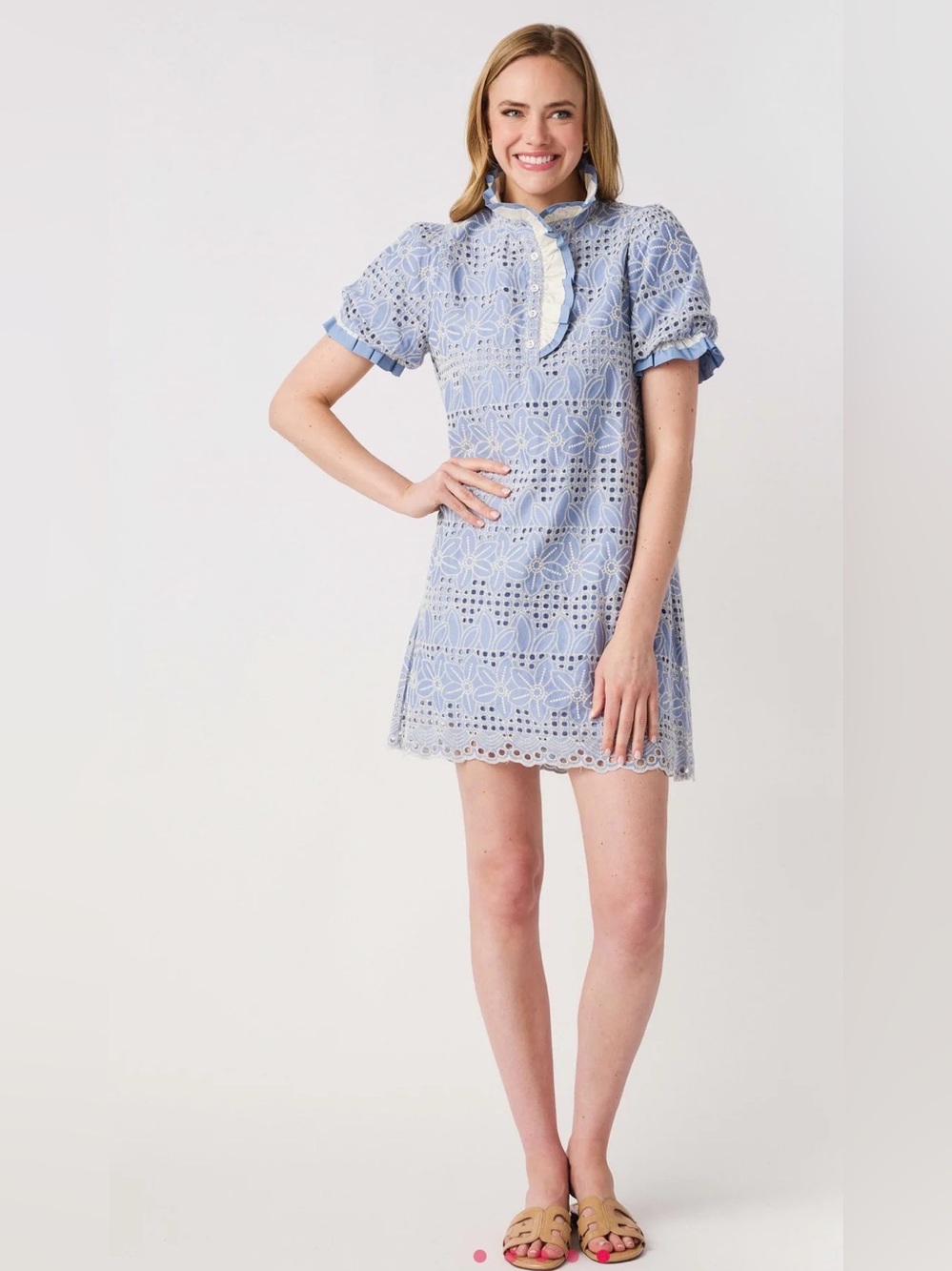NWT jodifl Ruffle Light Blue Eyelet Shift Dress - Women's Elegant Short Dress S